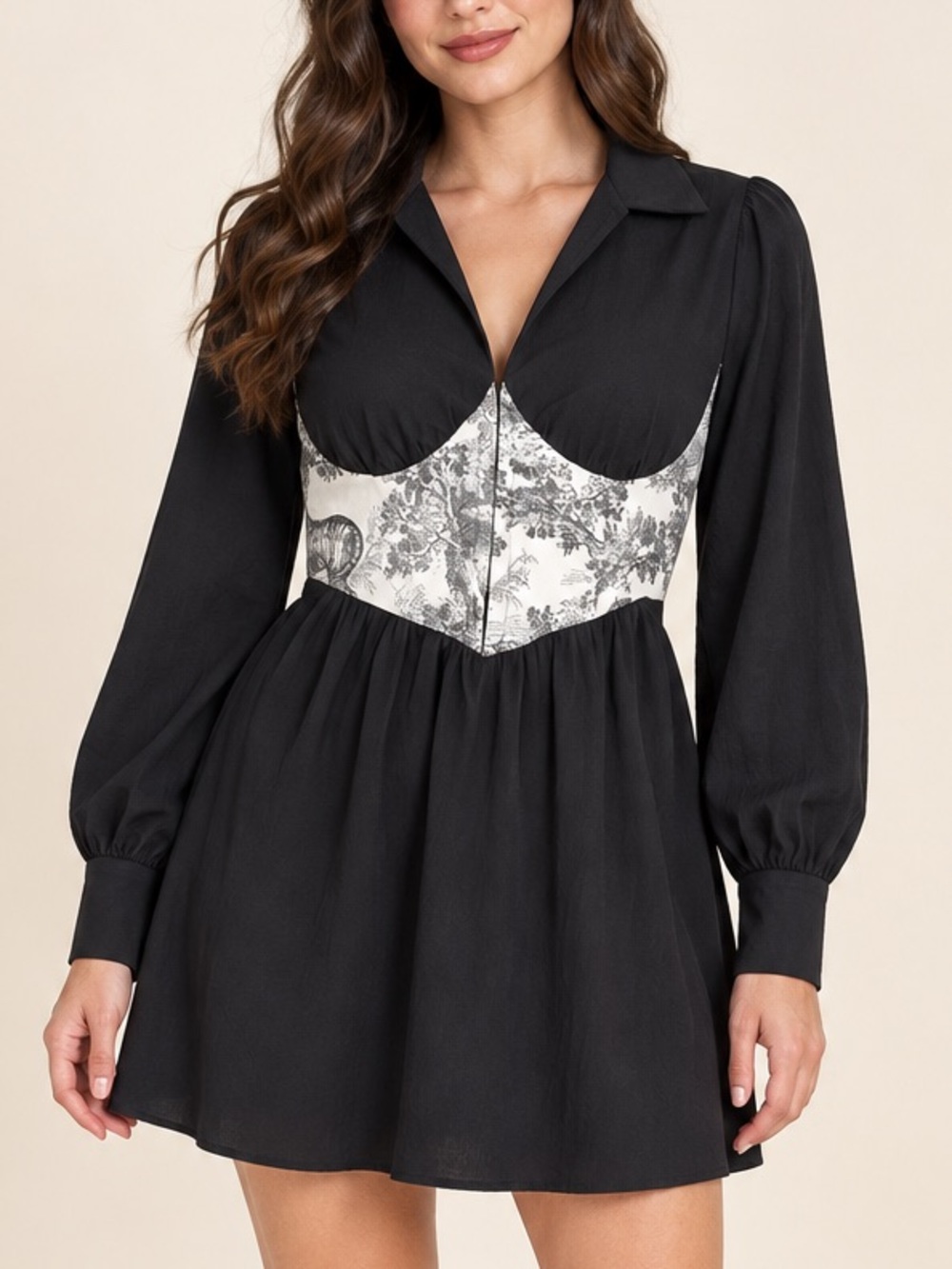 Black Toile Corset Mini Dress Medium Long Sleeve Collared Cottagecore Cider